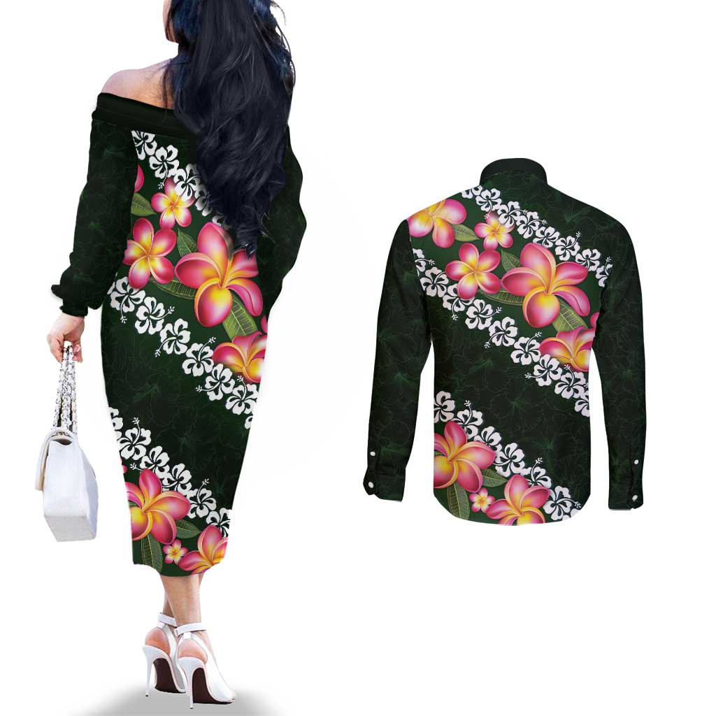 Green Polynesia Couples Matching Off The Shoulder Long Sleeve Dress and Long Sleeve Button Shirt Plumeria With Hibiscus Pattern Tropical Vibes LT14 - Polynesian Pride
