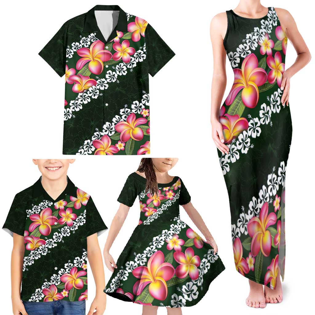Green Polynesia Family Matching Tank Maxi Dress and Hawaiian Shirt Plumeria With Hibiscus Pattern Tropical Vibes