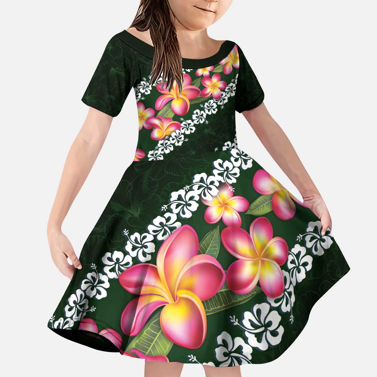 Green Polynesia Kid Short Sleeve Dress Plumeria With Hibiscus Pattern Tropical Vibes LT14 KID Green - Polynesian Pride