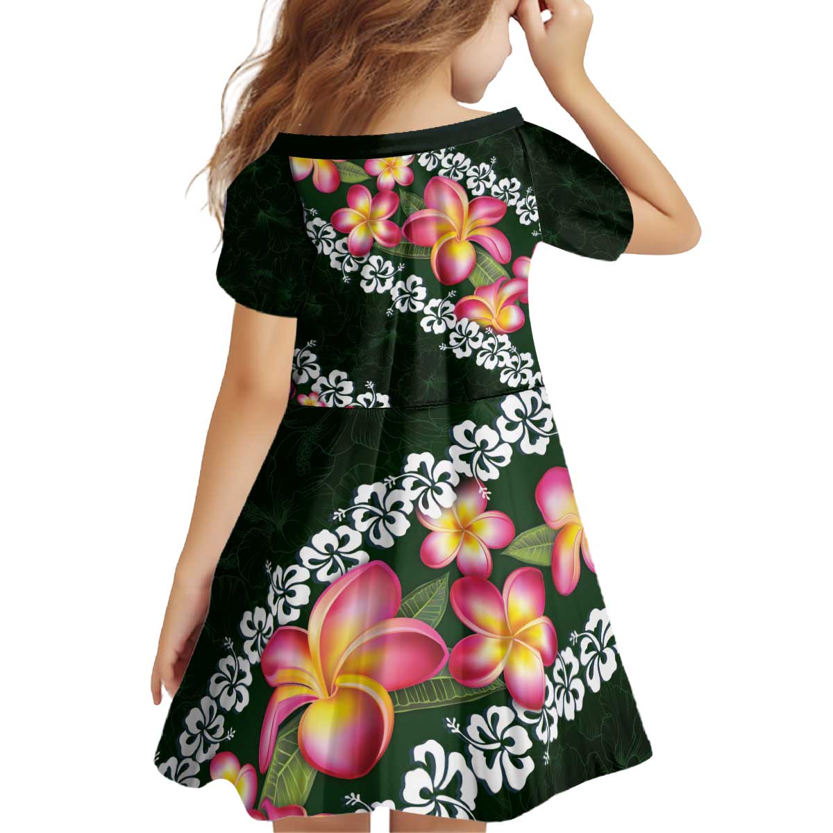 Green Polynesia Kid Short Sleeve Dress Plumeria With Hibiscus Pattern Tropical Vibes LT14 - Polynesian Pride