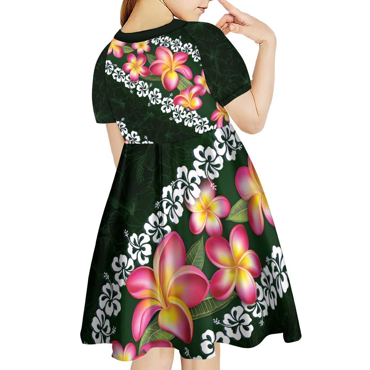 Green Polynesia Kid Short Sleeve Dress Plumeria With Hibiscus Pattern Tropical Vibes LT14 - Polynesian Pride