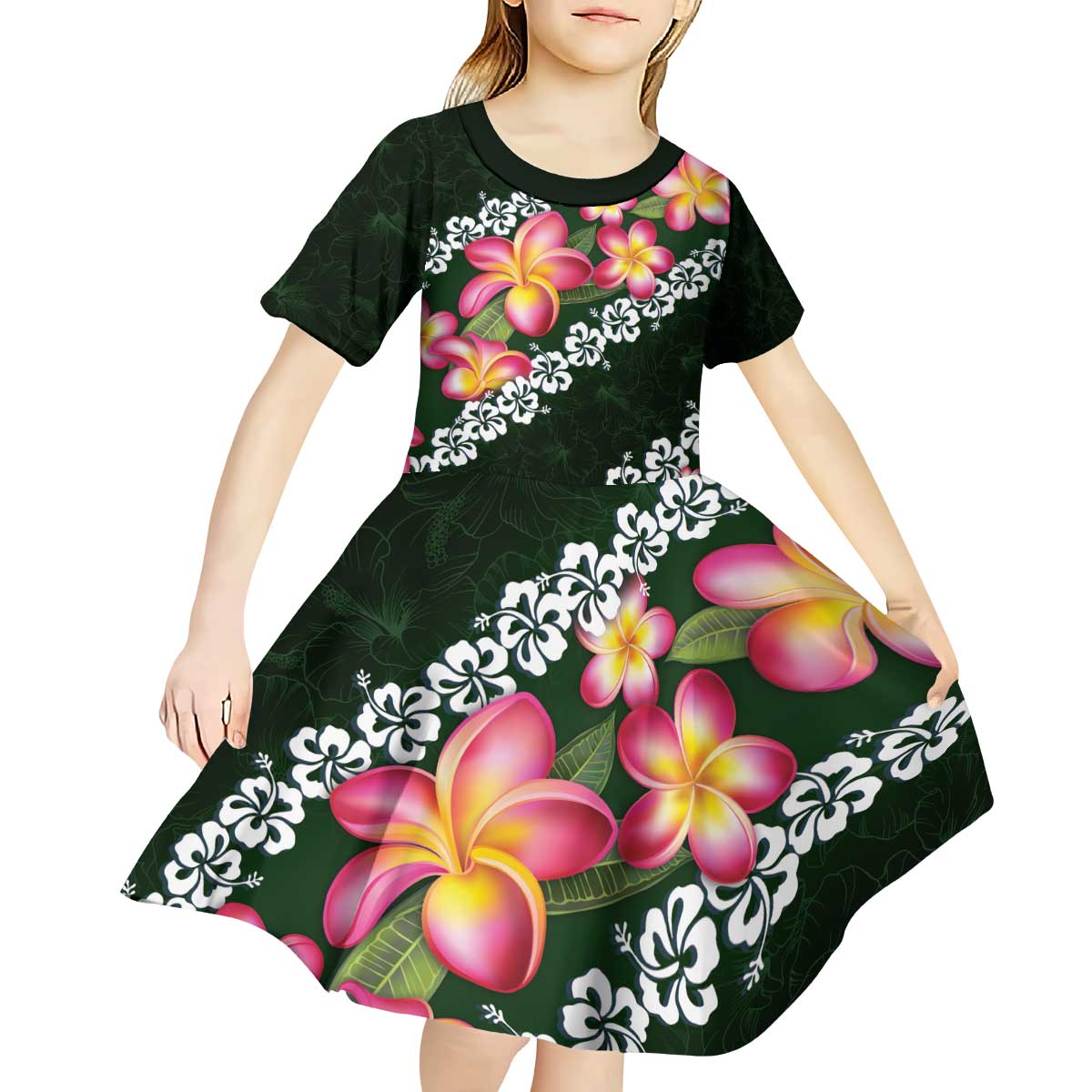 Green Polynesia Kid Short Sleeve Dress Plumeria With Hibiscus Pattern Tropical Vibes LT14 - Polynesian Pride