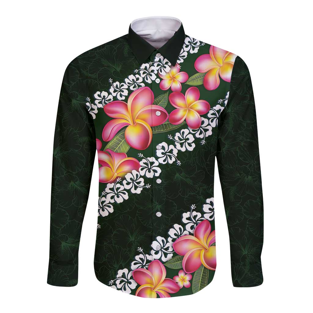 Green Polynesia Long Sleeve Button Shirt Plumeria With Hibiscus Pattern Tropical Vibes LT14 Unisex Green - Polynesian Pride