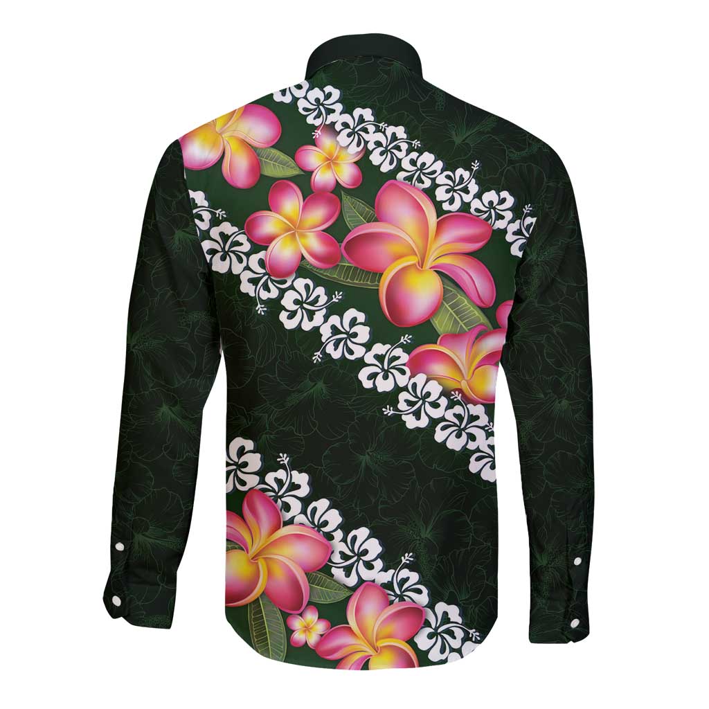 Green Polynesia Long Sleeve Button Shirt Plumeria With Hibiscus Pattern Tropical Vibes LT14 - Polynesian Pride