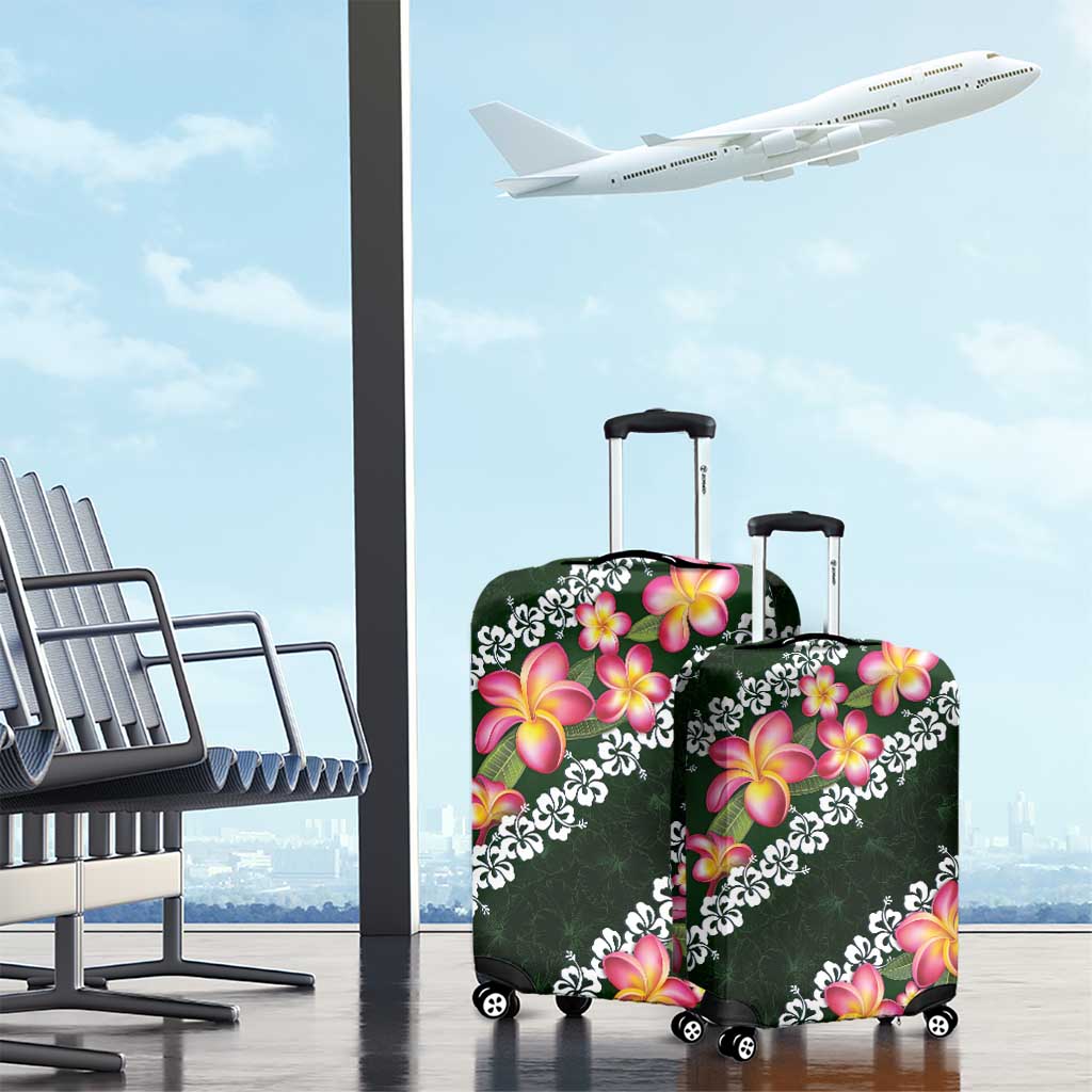 Green Polynesia Luggage Cover Plumeria With Hibiscus Pattern Tropical Vibes