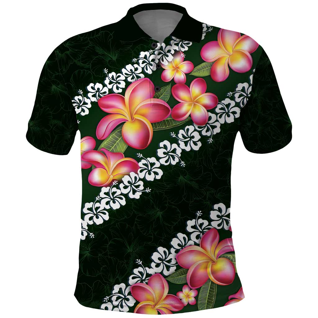 Green Polynesia Polo Shirt Plumeria With Hibiscus Pattern Tropical Vibes LT14 Green - Polynesian Pride