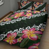 Green Polynesia Quilt Bed Set Plumeria With Hibiscus Pattern Tropical Vibes