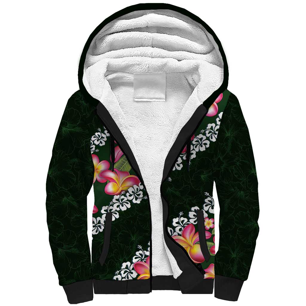 Green Polynesia Sherpa Hoodie Plumeria With Hibiscus Pattern Tropical Vibes