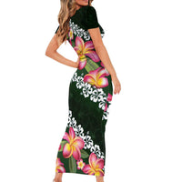 Green Polynesia Short Sleeve Bodycon Dress Plumeria With Hibiscus Pattern Tropical Vibes