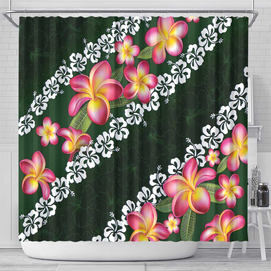 Green Polynesia Shower Curtain Plumeria With Hibiscus Pattern Tropical Vibes LT14 - Polynesian Pride