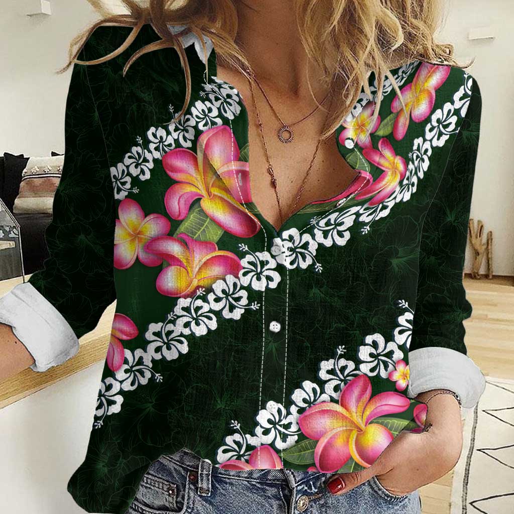 Green Polynesia Women Casual Shirt Plumeria With Hibiscus Pattern Tropical Vibes LT14 Female Green - Polynesian Pride