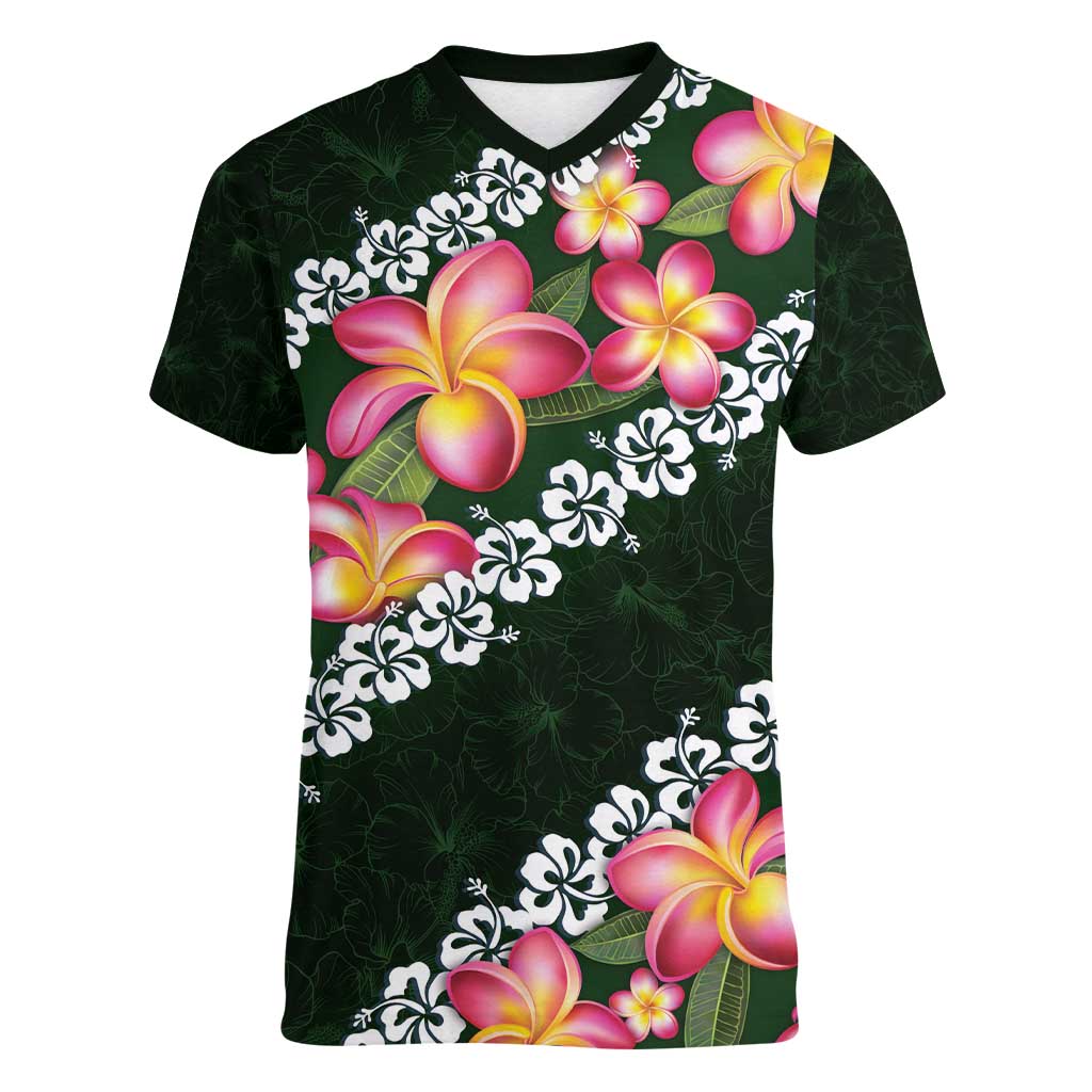 Green Polynesia Women V-Neck T-Shirt Plumeria With Hibiscus Pattern Tropical Vibes LT14 Female Green - Polynesian Pride