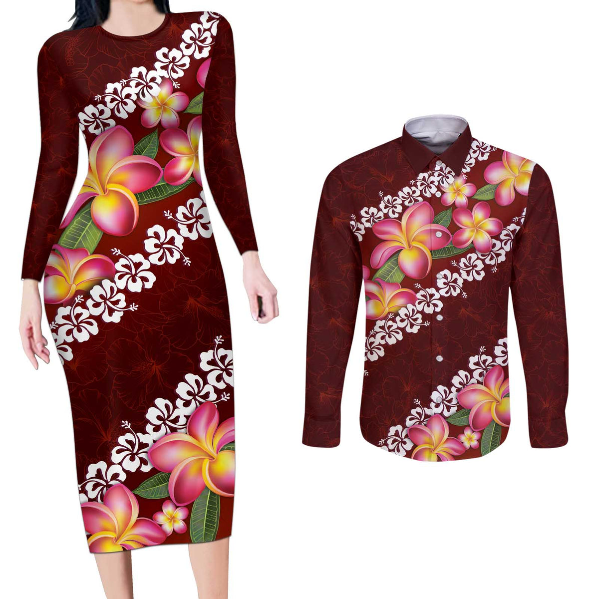 Oxblood Polynesia Couples Matching Long Sleeve Bodycon Dress and Long Sleeve Button Shirt Plumeria With Hibiscus Pattern Tropical Vibes LT14 Oxblood - Polynesian Pride