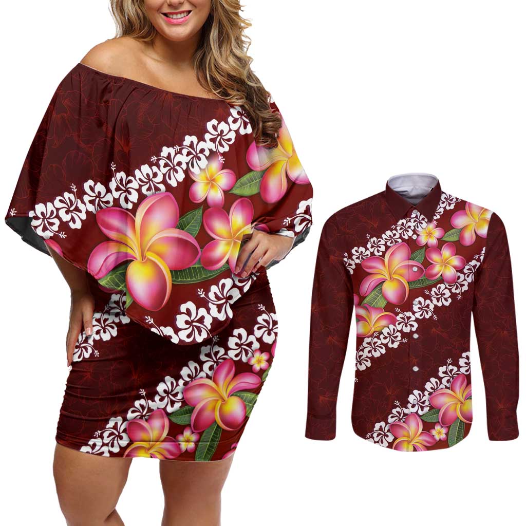 Oxblood Polynesia Couples Matching Off Shoulder Short Dress and Long Sleeve Button Shirt Plumeria With Hibiscus Pattern Tropical Vibes