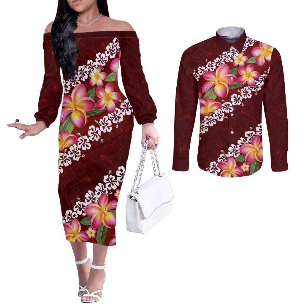 Oxblood Polynesia Couples Matching Off The Shoulder Long Sleeve Dress and Long Sleeve Button Shirt Plumeria With Hibiscus Pattern Tropical Vibes LT14 Oxblood - Polynesian Pride
