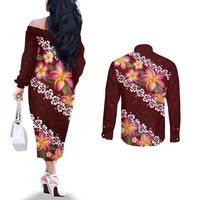 Oxblood Polynesia Couples Matching Off The Shoulder Long Sleeve Dress and Long Sleeve Button Shirt Plumeria With Hibiscus Pattern Tropical Vibes LT14 - Polynesian Pride