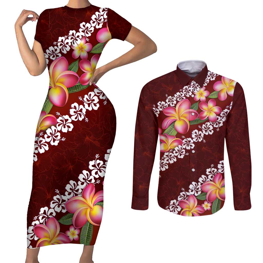 Oxblood Polynesia Couples Matching Short Sleeve Bodycon Dress and Long Sleeve Button Shirt Plumeria With Hibiscus Pattern Tropical Vibes LT14 Oxblood - Polynesian Pride
