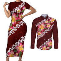 Oxblood Polynesia Couples Matching Short Sleeve Bodycon Dress and Long Sleeve Button Shirt Plumeria With Hibiscus Pattern Tropical Vibes LT14 Oxblood - Polynesian Pride