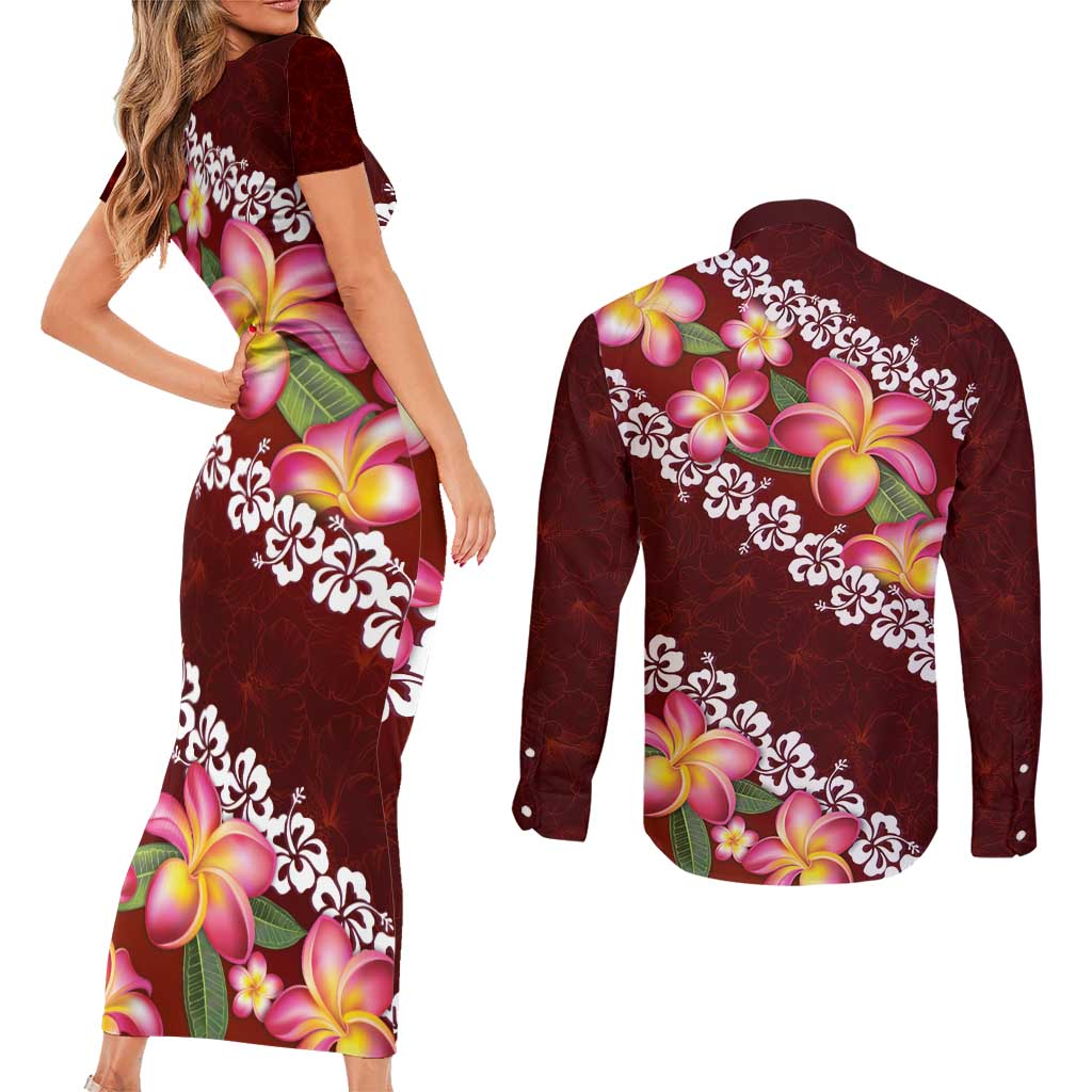 Oxblood Polynesia Couples Matching Short Sleeve Bodycon Dress and Long Sleeve Button Shirt Plumeria With Hibiscus Pattern Tropical Vibes LT14 - Polynesian Pride