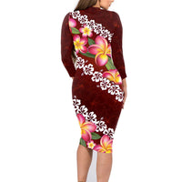 Oxblood Polynesia Family Matching Long Sleeve Bodycon Dress and Hawaiian Shirt Plumeria With Hibiscus Pattern Tropical Vibes