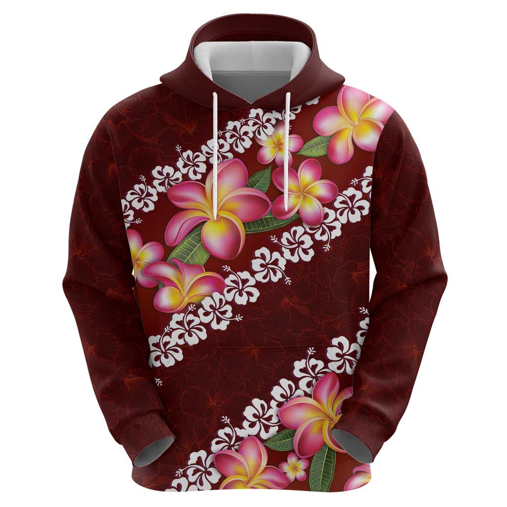 Oxblood Polynesia Hoodie Plumeria With Hibiscus Pattern Tropical Vibes