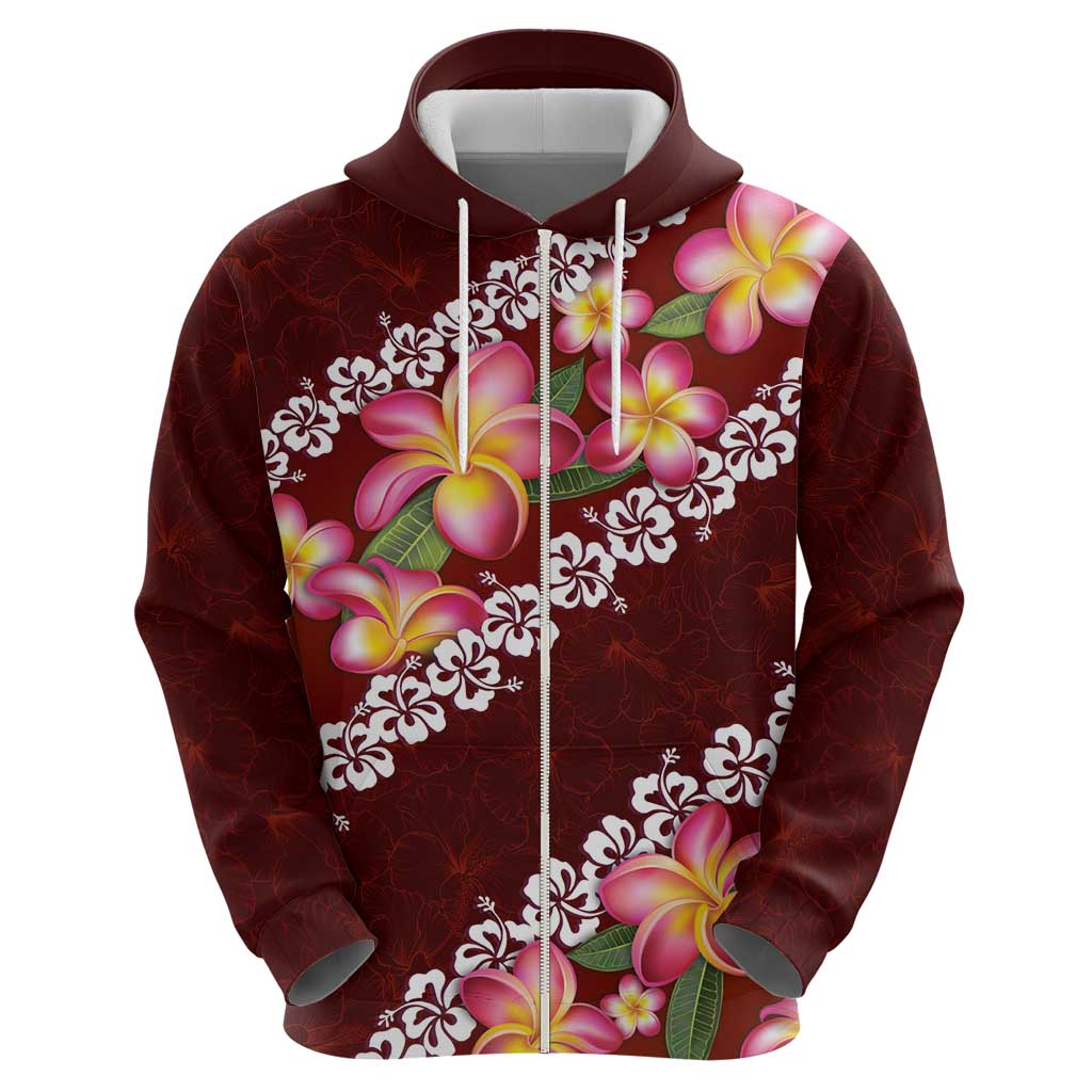 Oxblood Polynesia Hoodie Plumeria With Hibiscus Pattern Tropical Vibes
