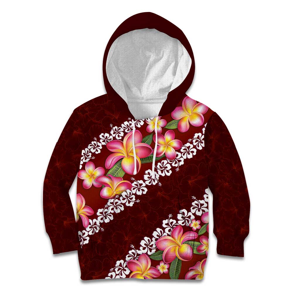 Oxblood Polynesia Kid Hoodie Plumeria With Hibiscus Pattern Tropical Vibes