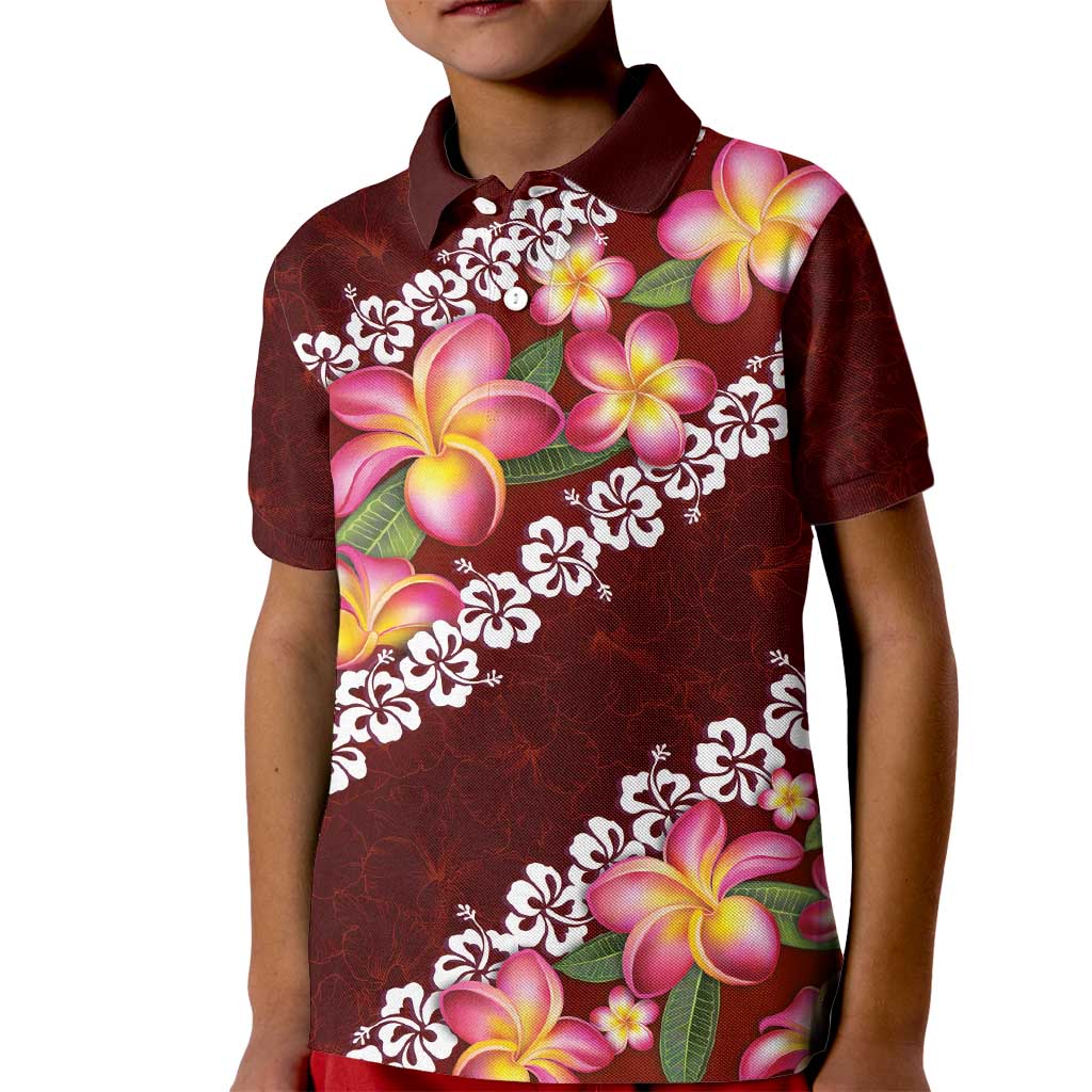 Oxblood Polynesia Kid Polo Shirt Plumeria With Hibiscus Pattern Tropical Vibes LT14 Kid Oxblood - Polynesian Pride