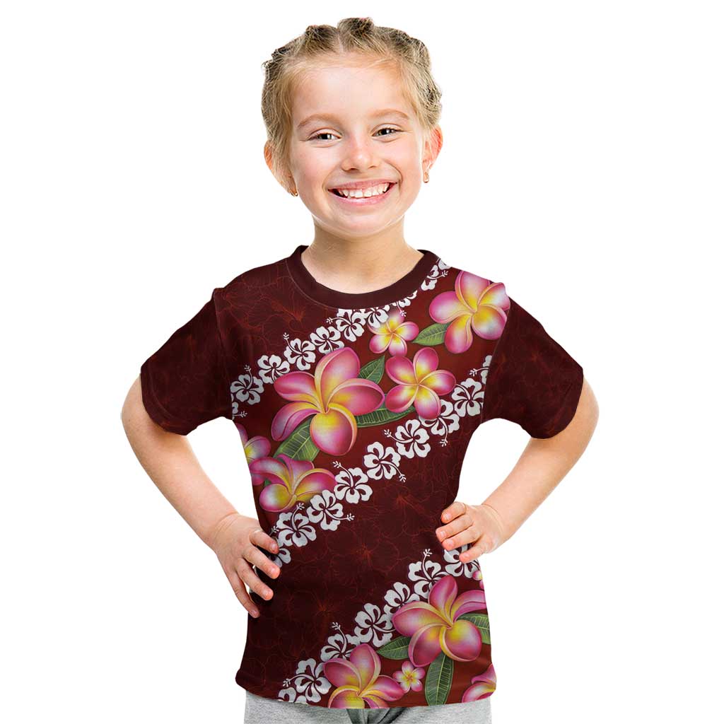 Oxblood Polynesia Kid T Shirt Plumeria With Hibiscus Pattern Tropical Vibes LT14 Oxblood - Polynesian Pride