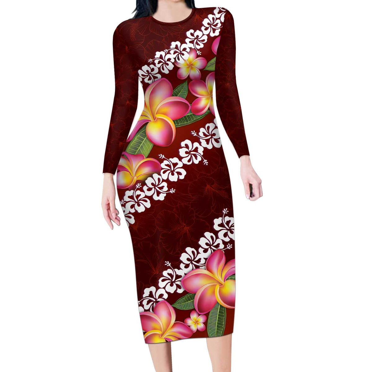 Oxblood Polynesia Long Sleeve Bodycon Dress Plumeria With Hibiscus Pattern Tropical Vibes