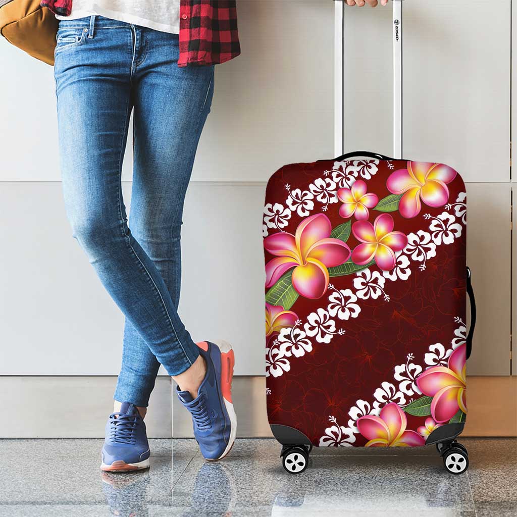 Oxblood Polynesia Luggage Cover Plumeria With Hibiscus Pattern Tropical Vibes LT14 - Polynesian Pride