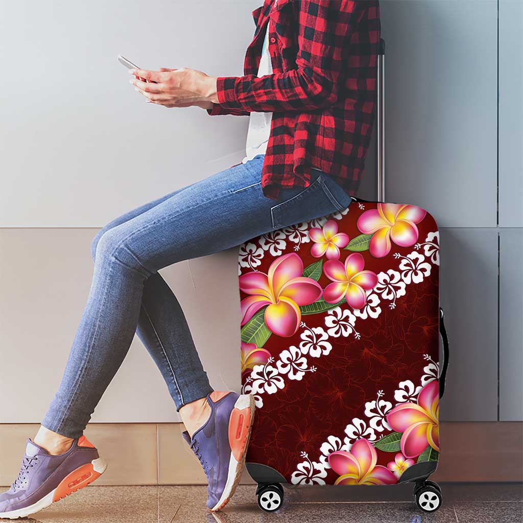 Oxblood Polynesia Luggage Cover Plumeria With Hibiscus Pattern Tropical Vibes LT14 - Polynesian Pride