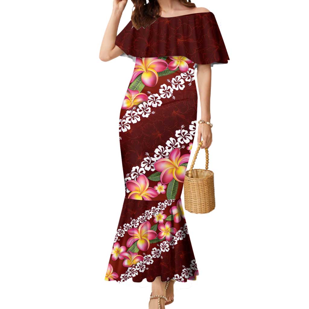 Oxblood Polynesia Mermaid Dress Plumeria With Hibiscus Pattern Tropical Vibes