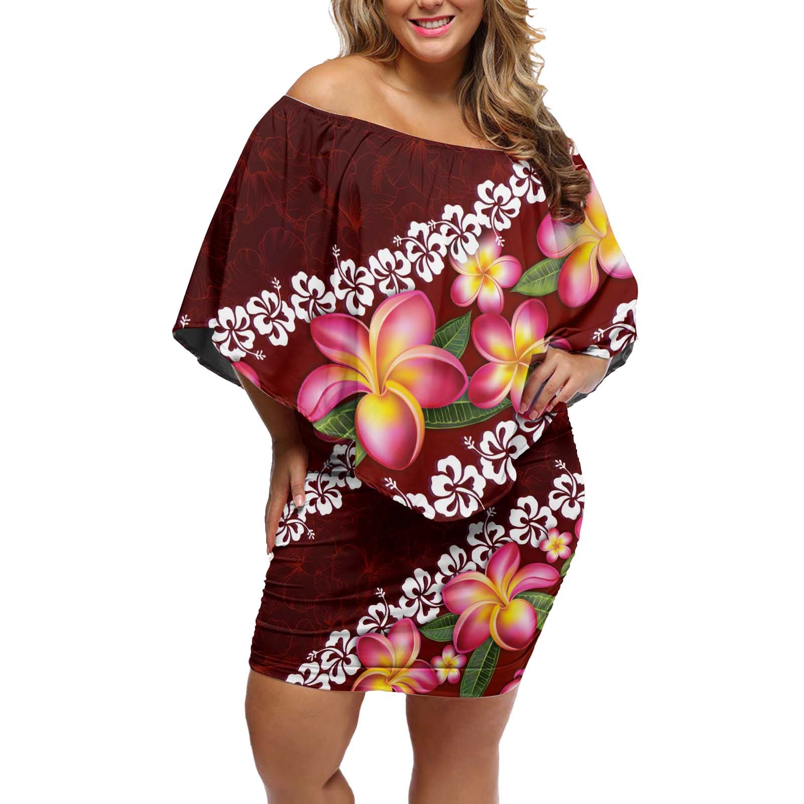 Oxblood Polynesia Off Shoulder Short Dress Plumeria With Hibiscus Pattern Tropical Vibes