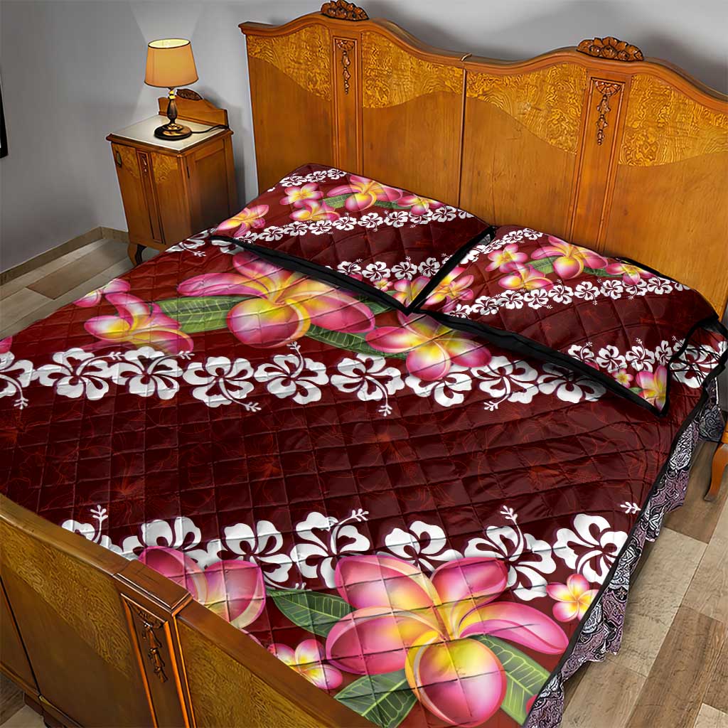 Oxblood Polynesia Quilt Bed Set Plumeria With Hibiscus Pattern Tropical Vibes