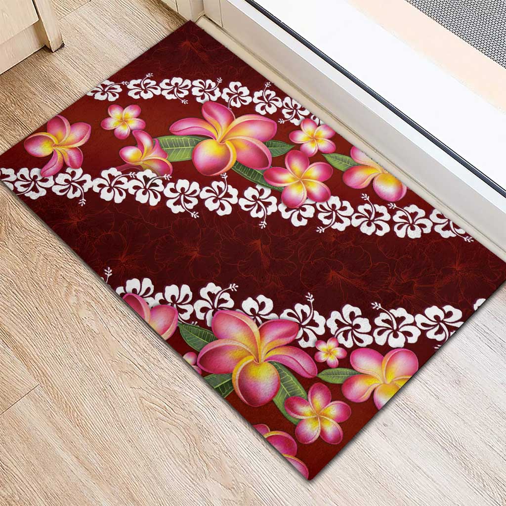 Oxblood Polynesia Rubber Doormat Plumeria With Hibiscus Pattern Tropical Vibes