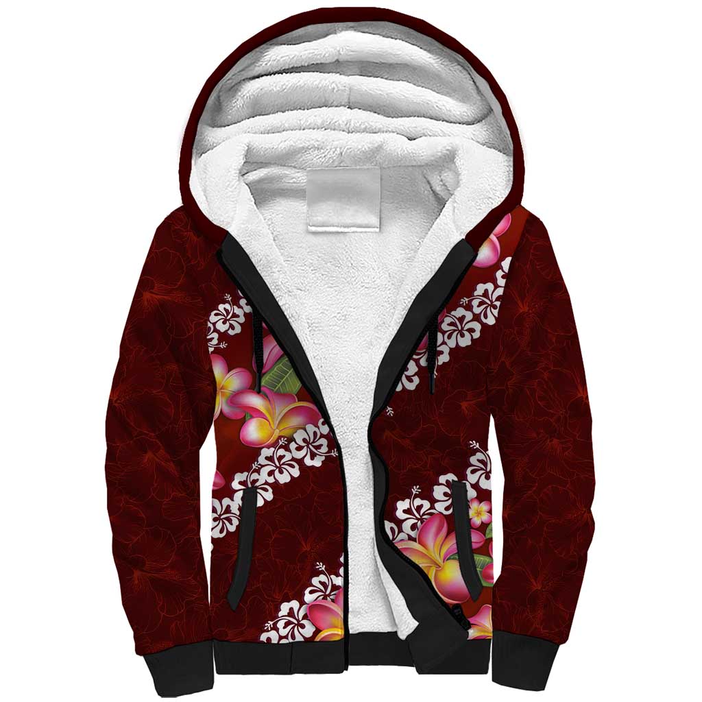 Oxblood Polynesia Sherpa Hoodie Plumeria With Hibiscus Pattern Tropical Vibes