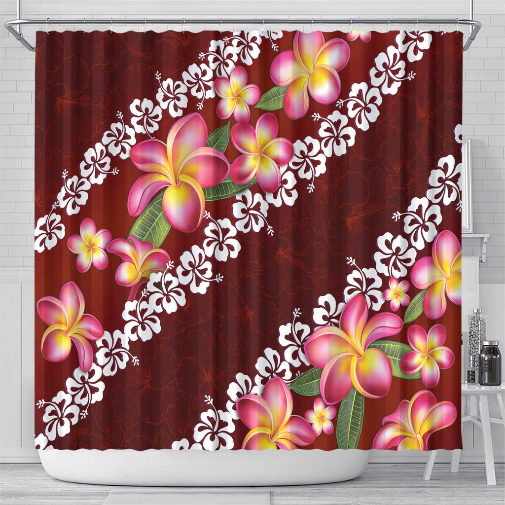 Oxblood Polynesia Shower Curtain Plumeria With Hibiscus Pattern Tropical Vibes LT14 - Polynesian Pride