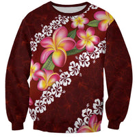 Oxblood Polynesia Sweatshirt Plumeria With Hibiscus Pattern Tropical Vibes