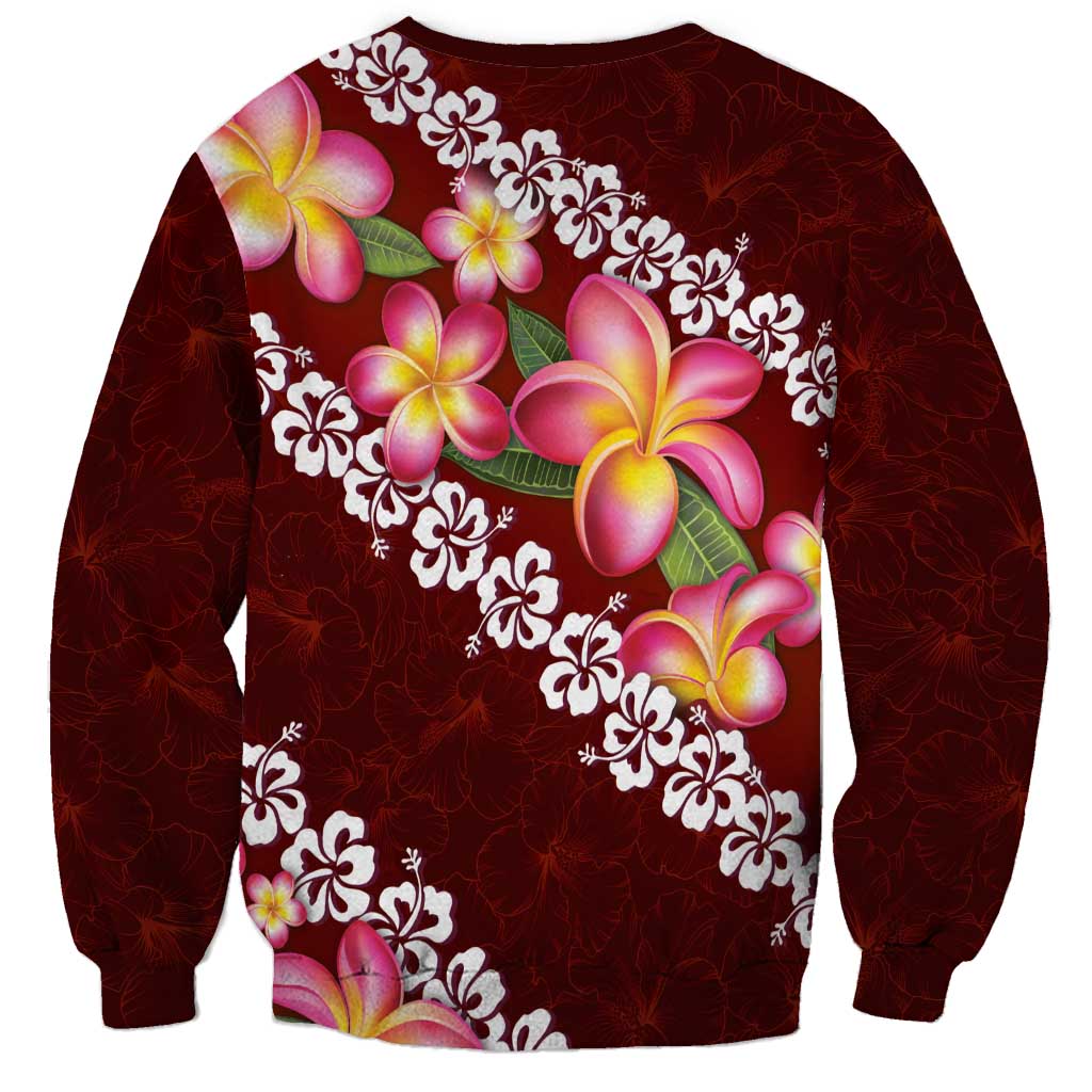 Oxblood Polynesia Sweatshirt Plumeria With Hibiscus Pattern Tropical Vibes