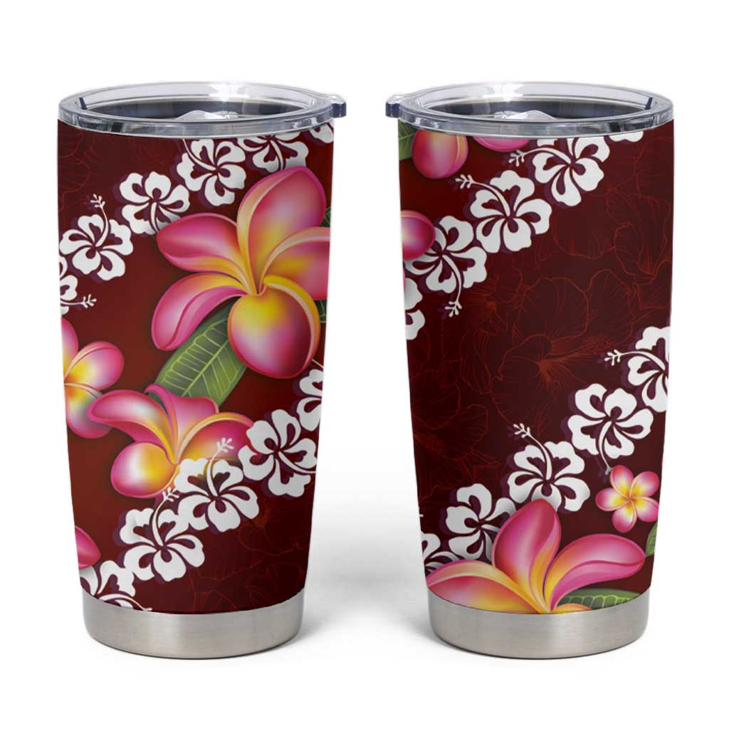 Oxblood Polynesia Tumbler Cup Plumeria With Hibiscus Pattern Tropical Vibes