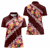 Oxblood Polynesia Women Polo Shirt Plumeria With Hibiscus Pattern Tropical Vibes