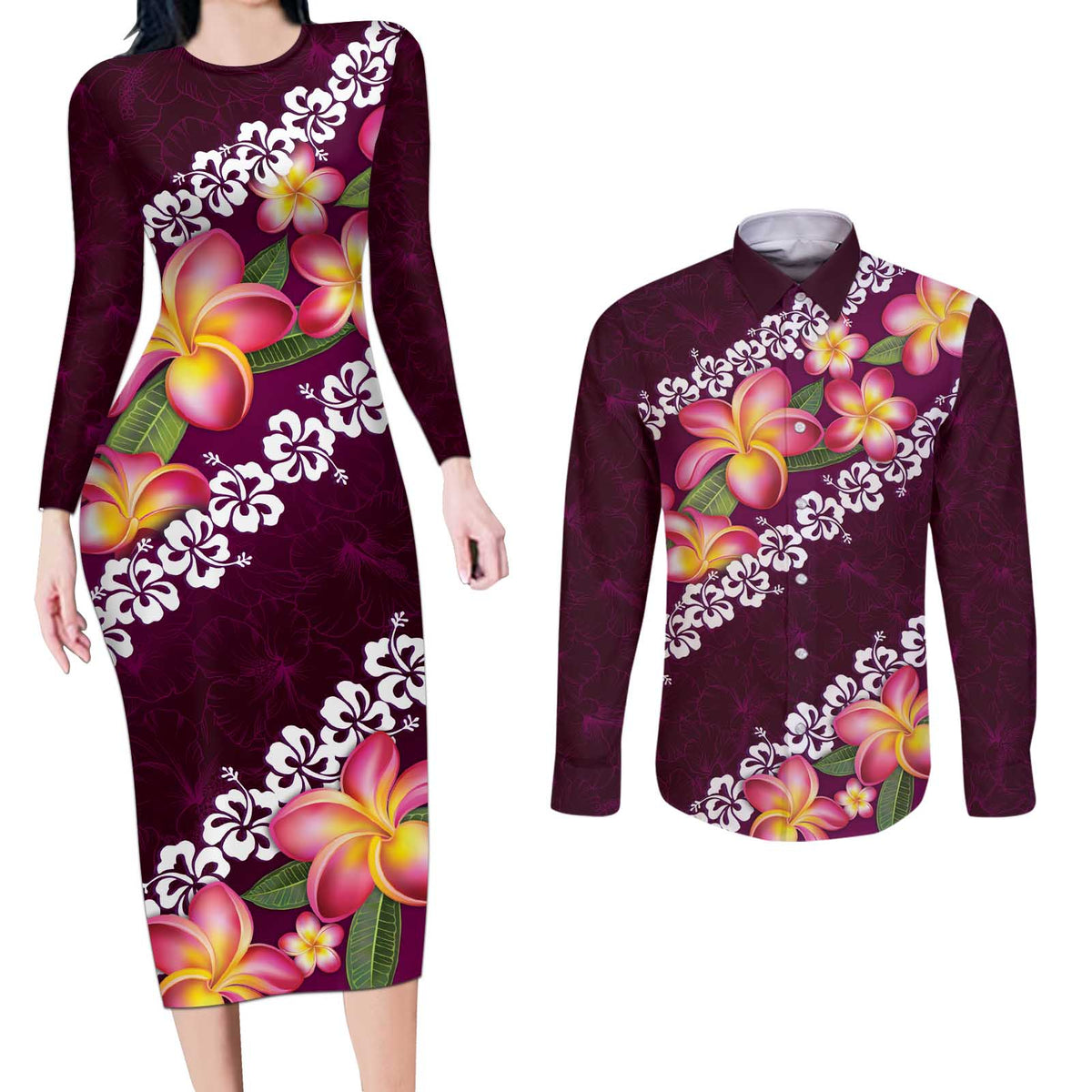 Pink Polynesia Couples Matching Long Sleeve Bodycon Dress and Long Sleeve Button Shirt Plumeria With Hibiscus Pattern Tropical Vibes