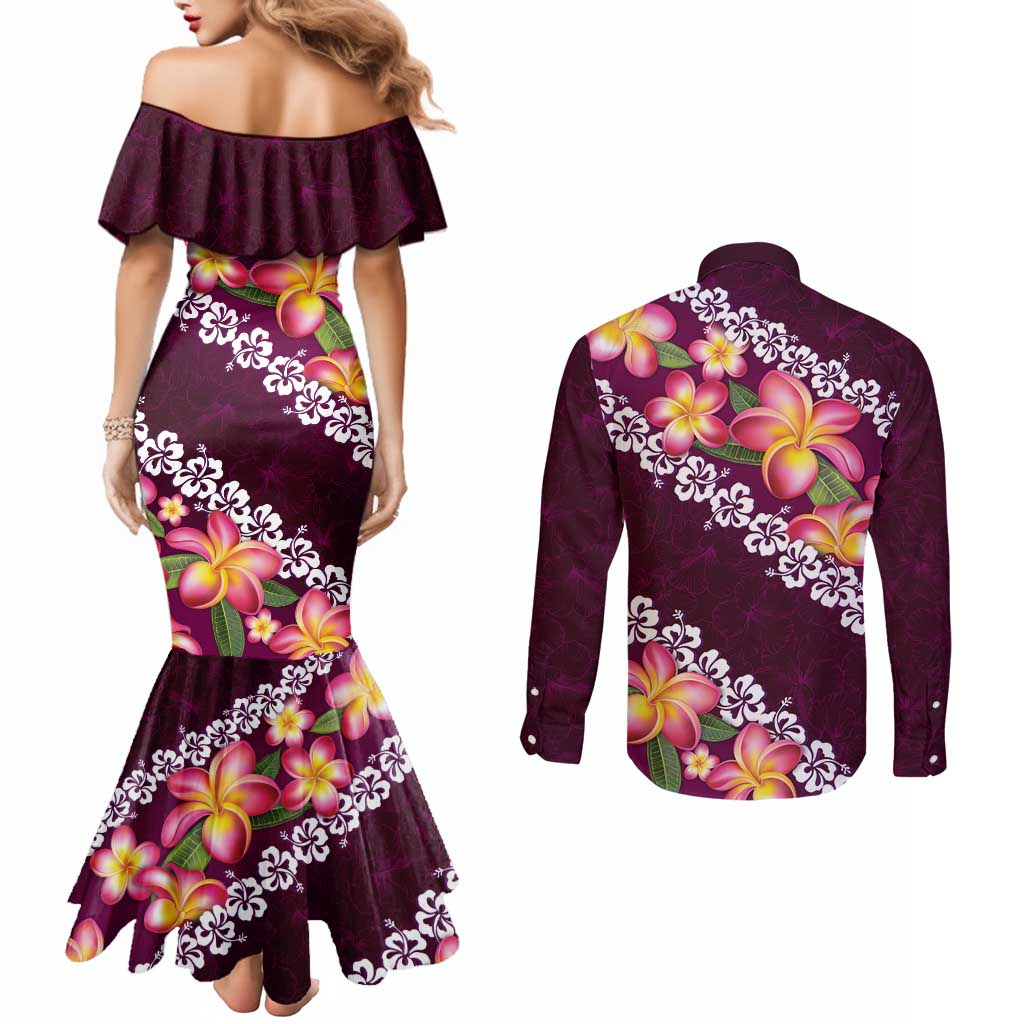 Pink Polynesia Couples Matching Mermaid Dress and Long Sleeve Button Shirt Plumeria With Hibiscus Pattern Tropical Vibes