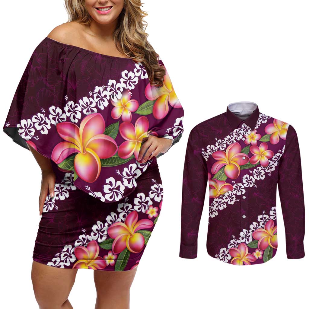 Pink Polynesia Couples Matching Off Shoulder Short Dress and Long Sleeve Button Shirt Plumeria With Hibiscus Pattern Tropical Vibes