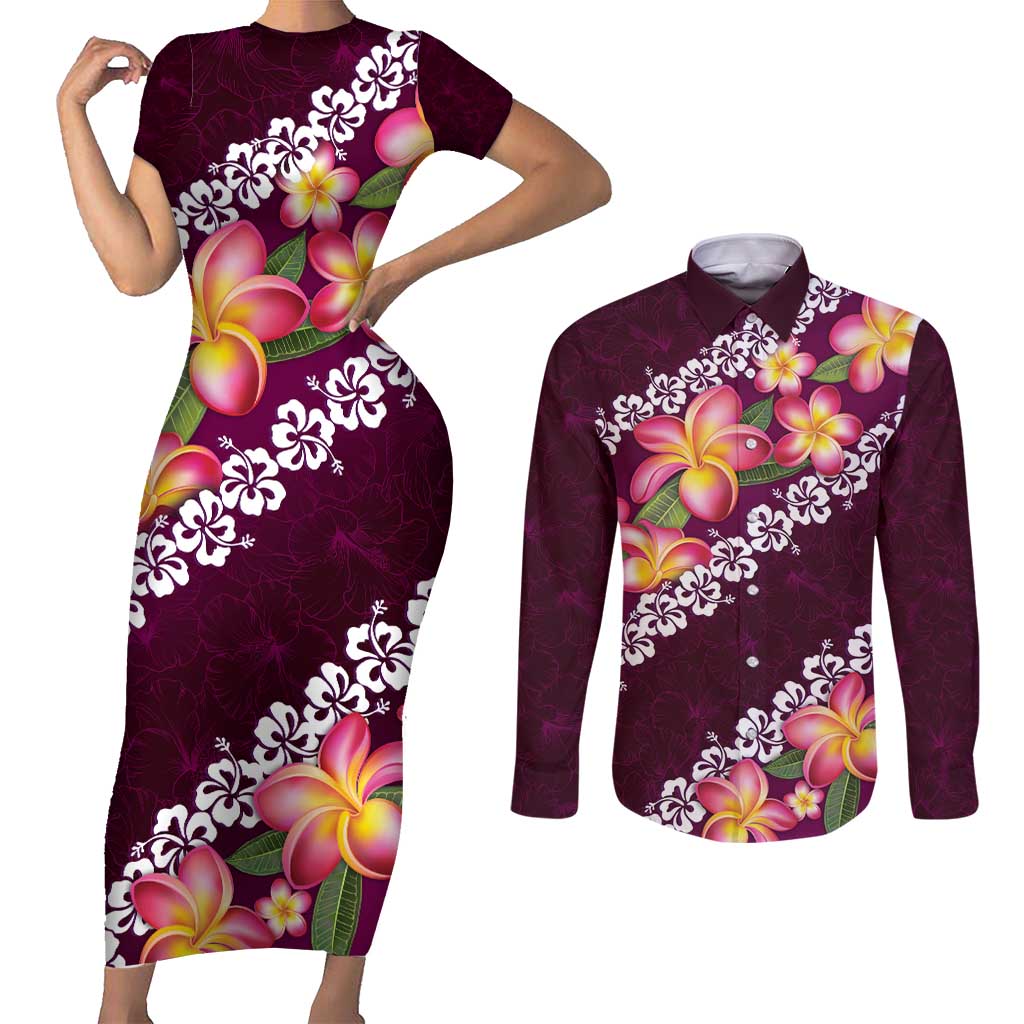 Pink Polynesia Couples Matching Short Sleeve Bodycon Dress and Long Sleeve Button Shirt Plumeria With Hibiscus Pattern Tropical Vibes
