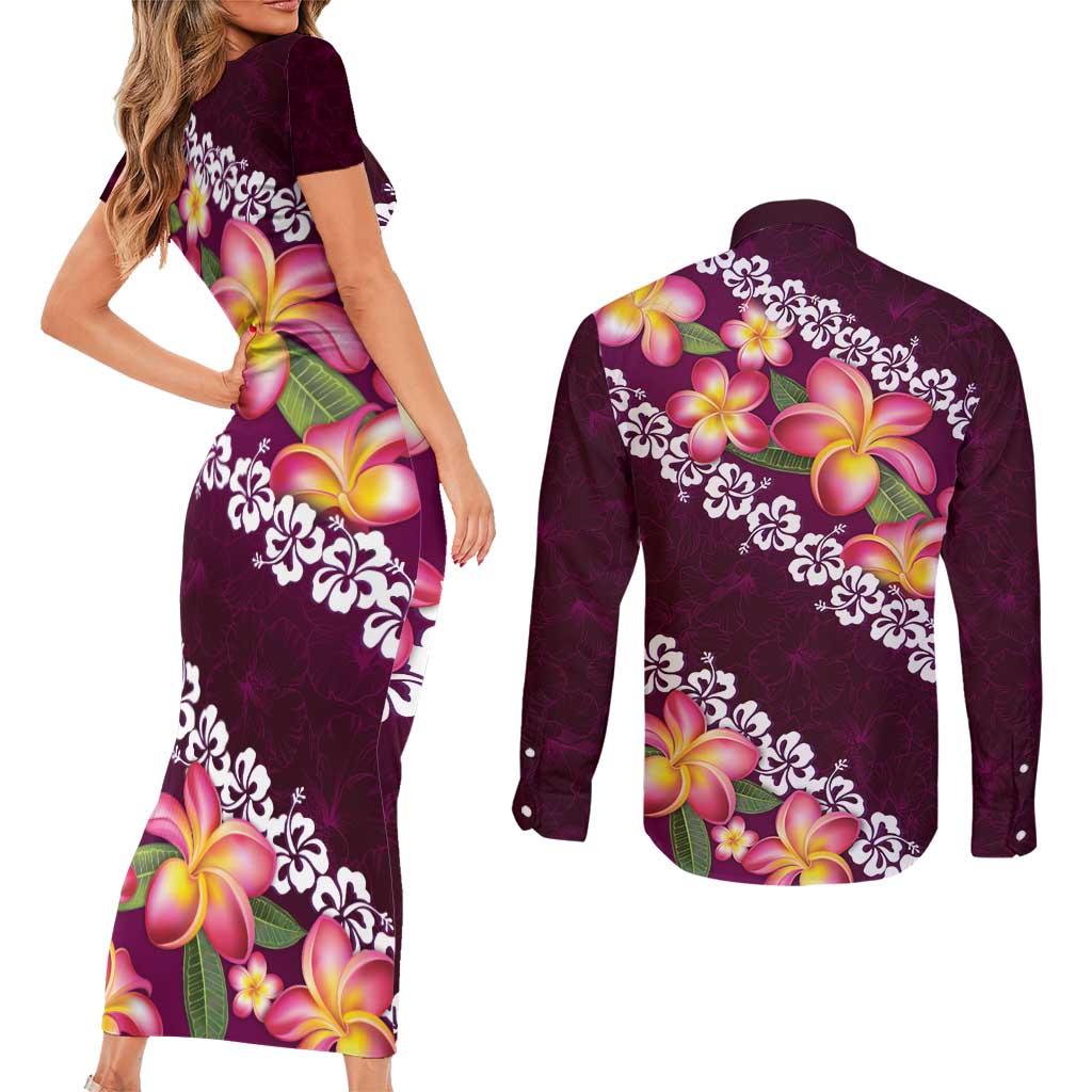 Pink Polynesia Couples Matching Short Sleeve Bodycon Dress and Long Sleeve Button Shirt Plumeria With Hibiscus Pattern Tropical Vibes