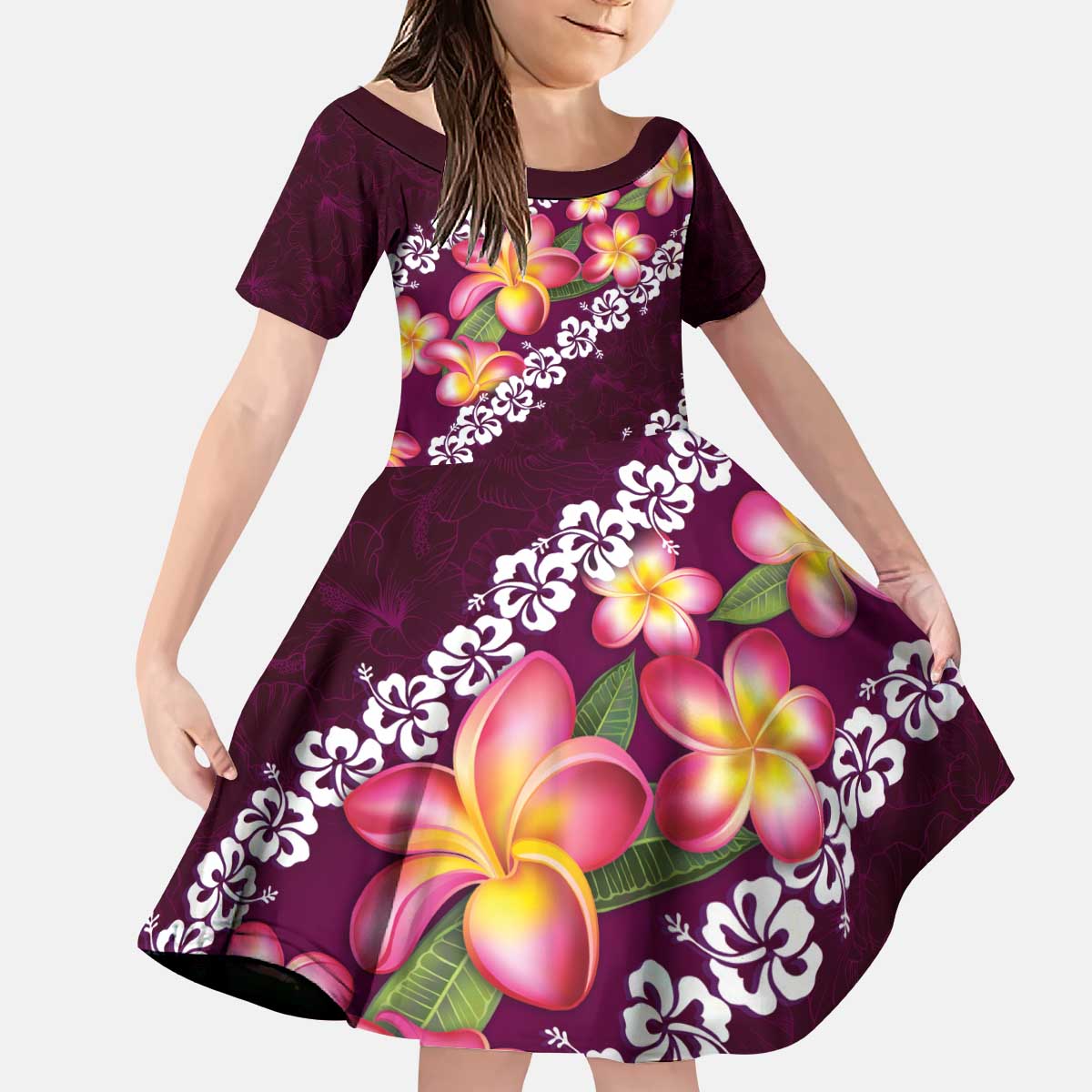 Pink Polynesia Kid Short Sleeve Dress Plumeria With Hibiscus Pattern Tropical Vibes