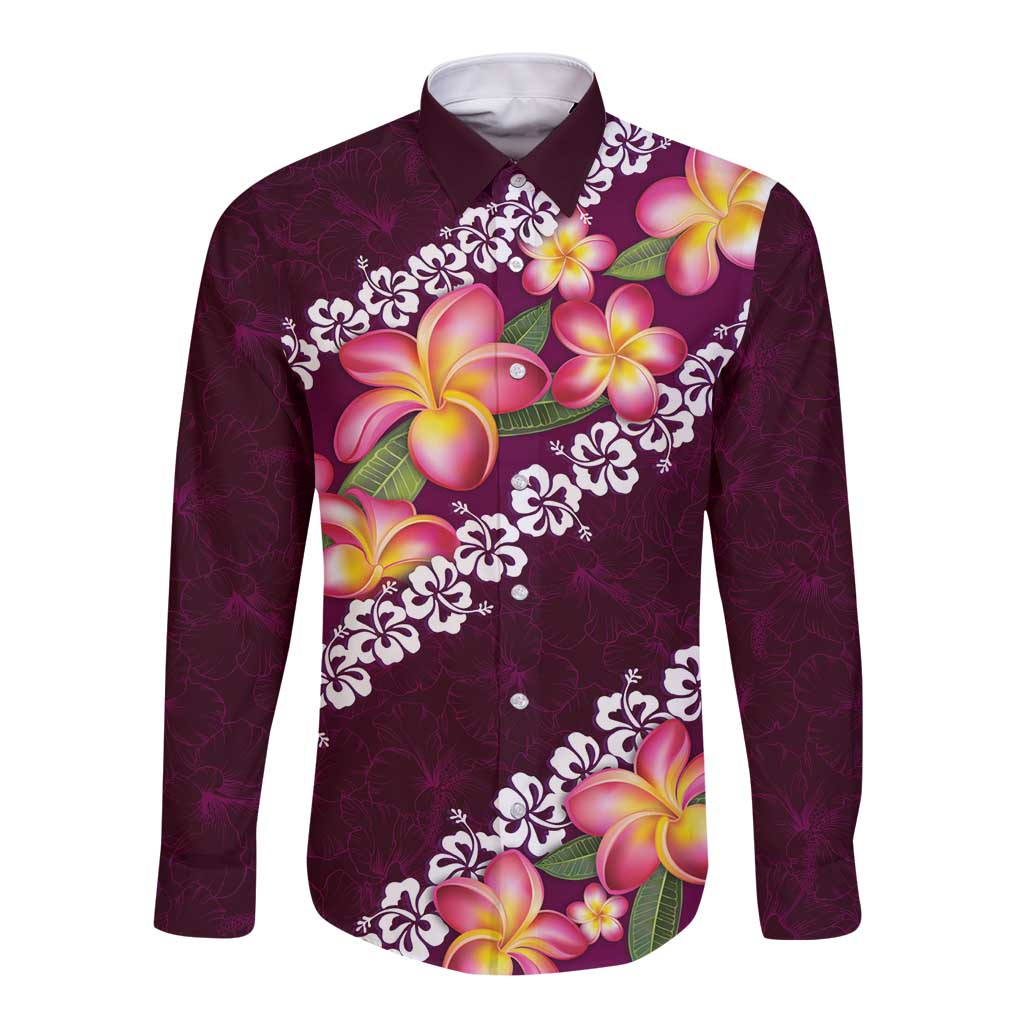 Pink Polynesia Long Sleeve Button Shirt Plumeria With Hibiscus Pattern Tropical Vibes LT14 Unisex Pink - Polynesian Pride