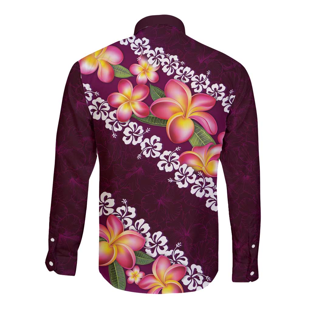 Pink Polynesia Long Sleeve Button Shirt Plumeria With Hibiscus Pattern Tropical Vibes LT14 - Polynesian Pride